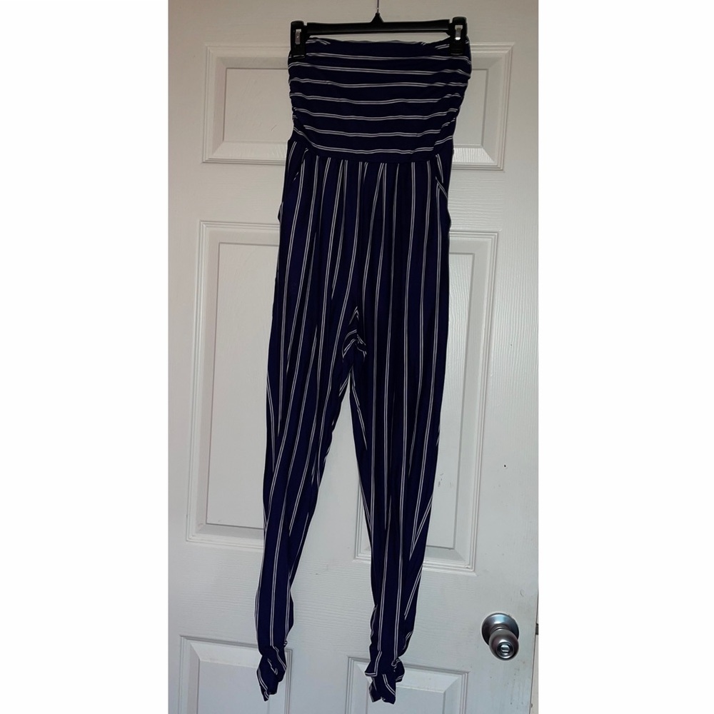 NWT Navy Blue and White Striped Stacked Jumpsuit